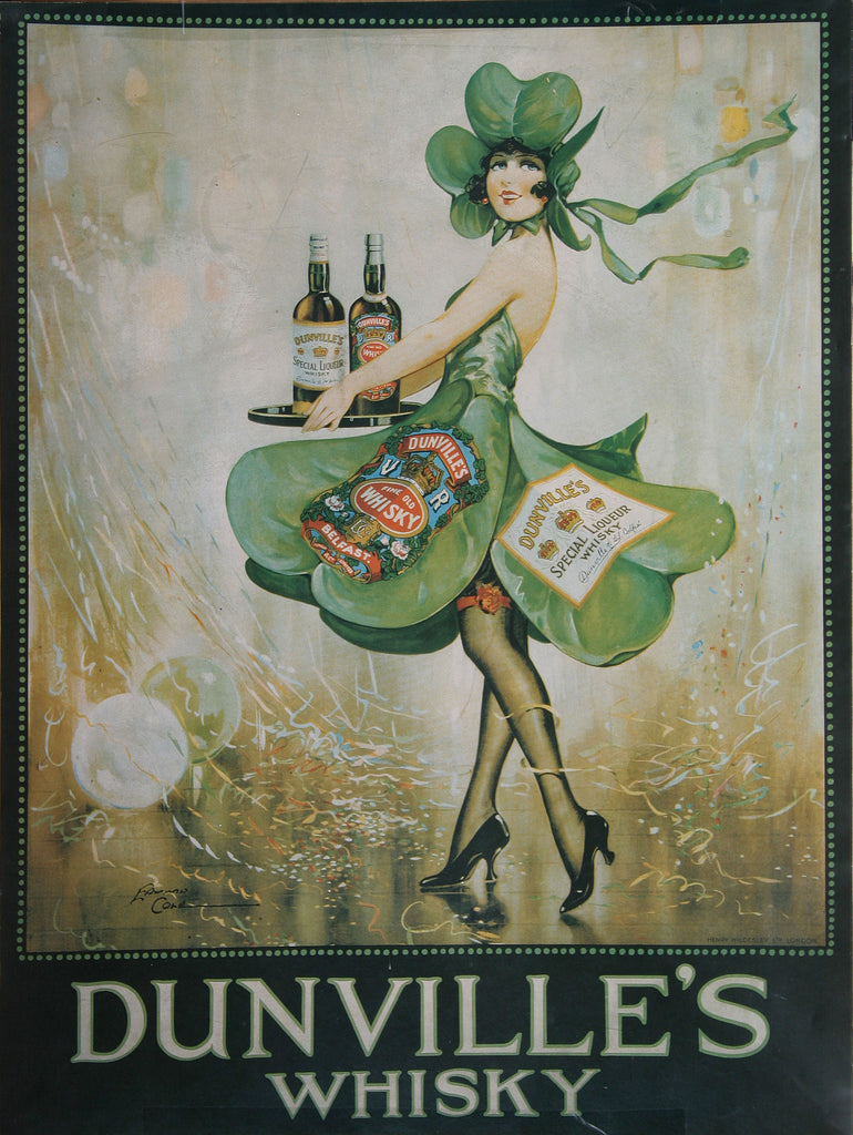 Dunville's whiskey poster with waitress in shamrock dress